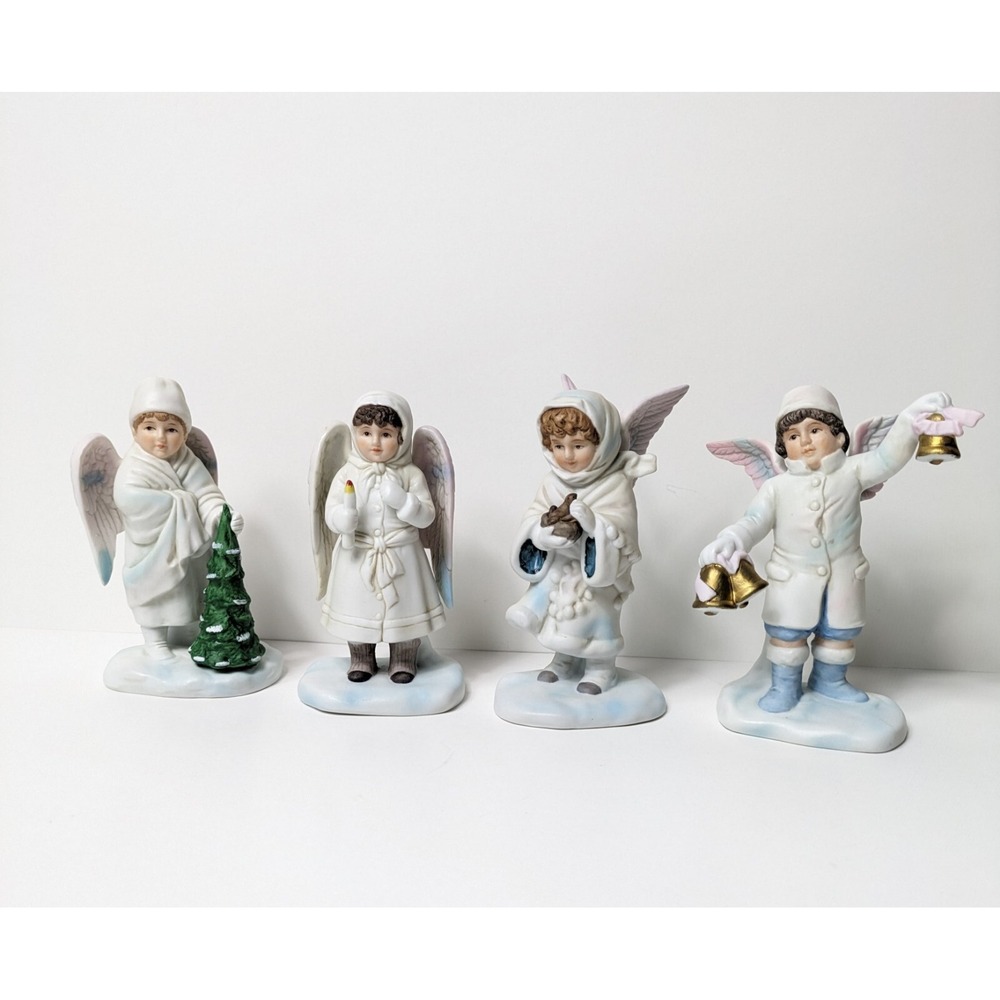 ENESCO 1986 Angels Caroling boys girls Christmas Figurines. Bells, Birds, Tree